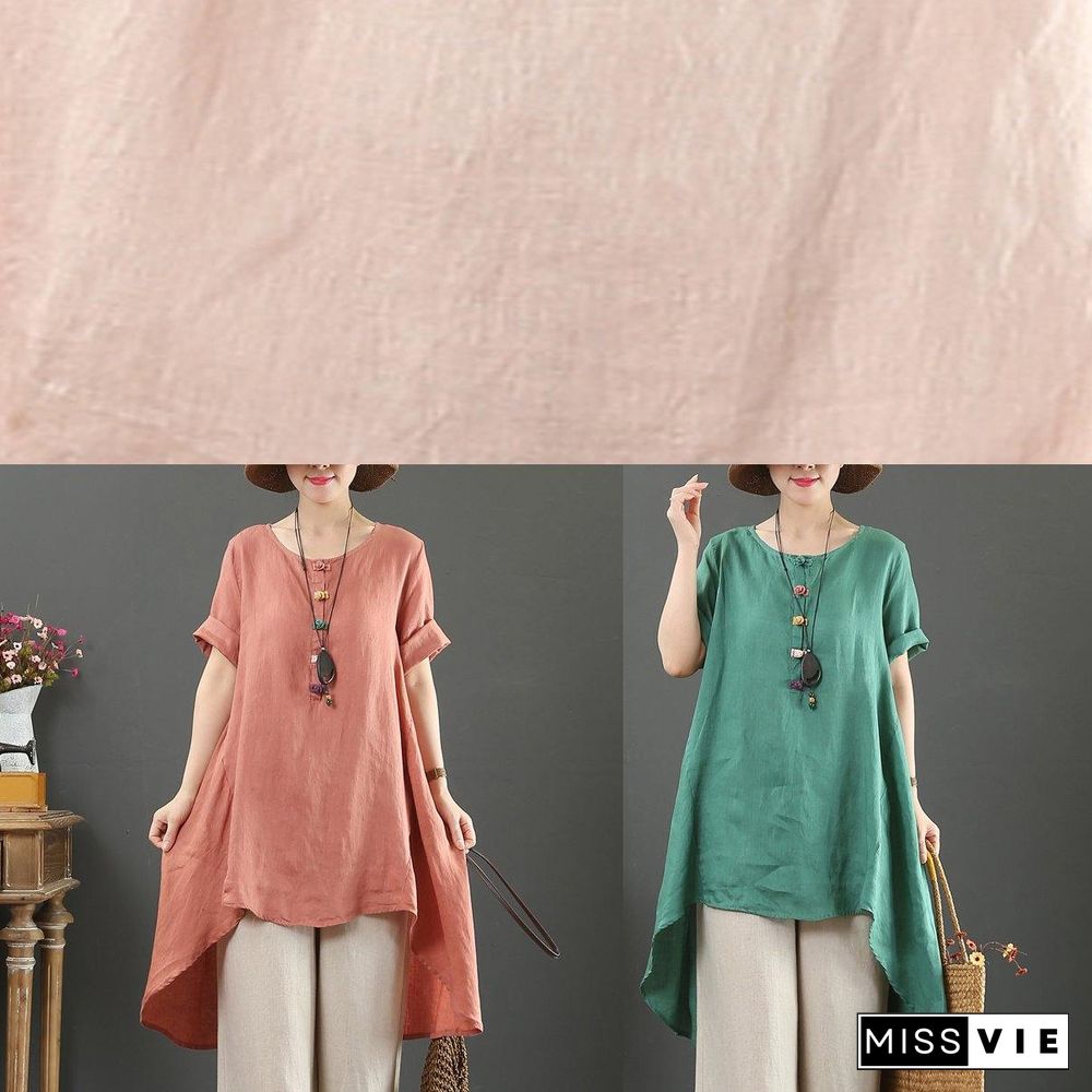 Loose o neck asymmetric linen summer linen tops women pattern pink shirts