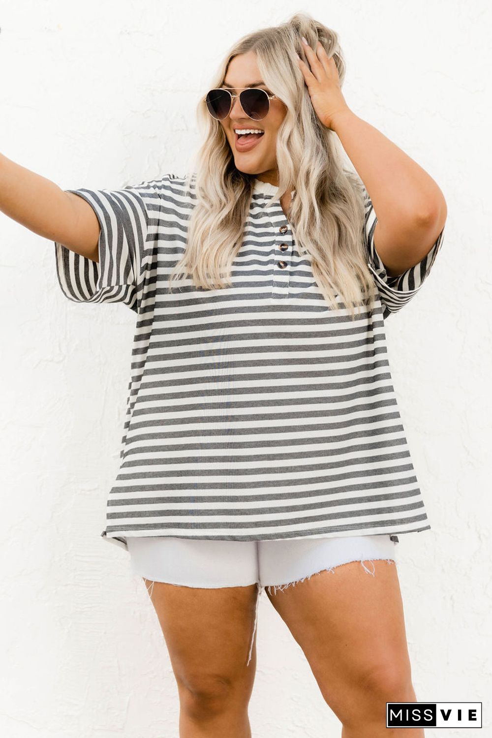 Plus Size Striped Short Sleeve Henley Tee