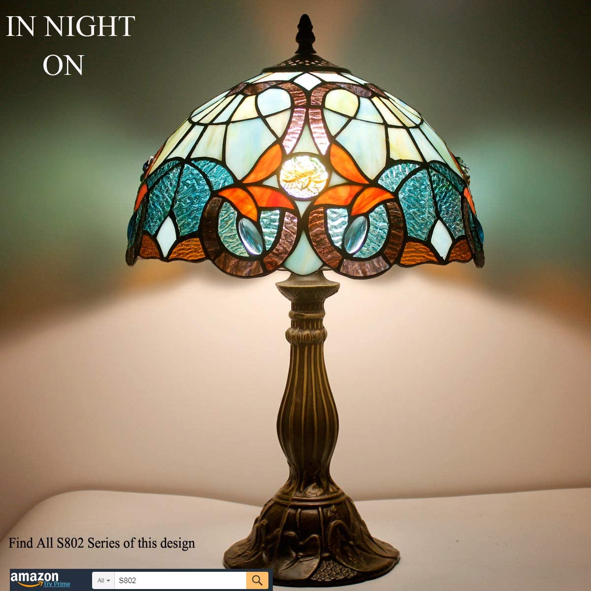 SHADY Tiffany Table Lamp Stained Glass Bedside Lamp Green Blue Floral Desk Reading Light 12X12X18 Inches Decor Bedroom Living Room Home Office S802 Series