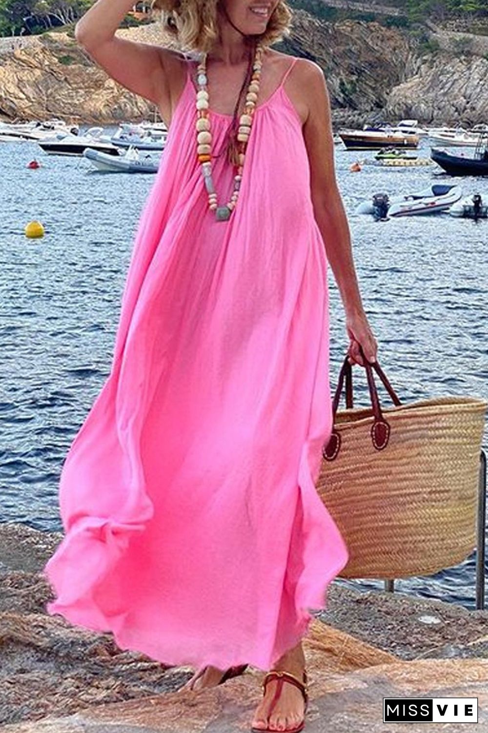 Vacation Chiffon Solid Color Sling Dress