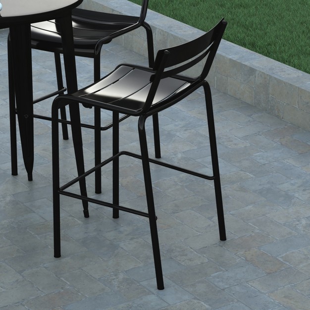 Emma And Oliver Armless Powder Coated Steel Stool With 2 Slat Back For Indoor outdoor Use