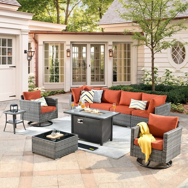 XIZZI 9 Pieces Patio Wicker Furniture Swivel Rocker with Firepit Table