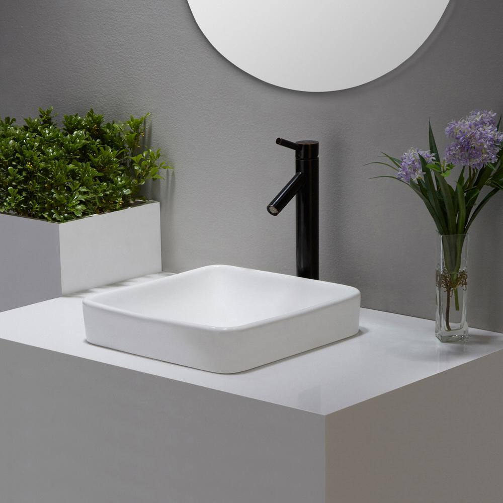 KRAUS Elavo Series Square Ceramic Semi-Recessed Bathroom Sink in White with Overflow KCR-281