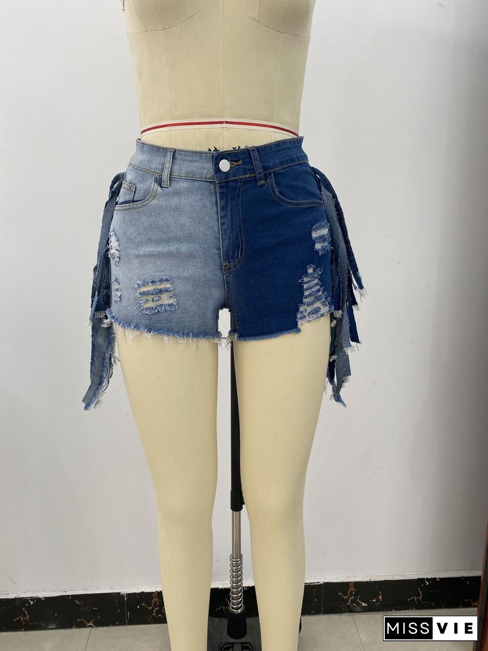 Casual Hit Color Fringed Ripped Denim Shorts