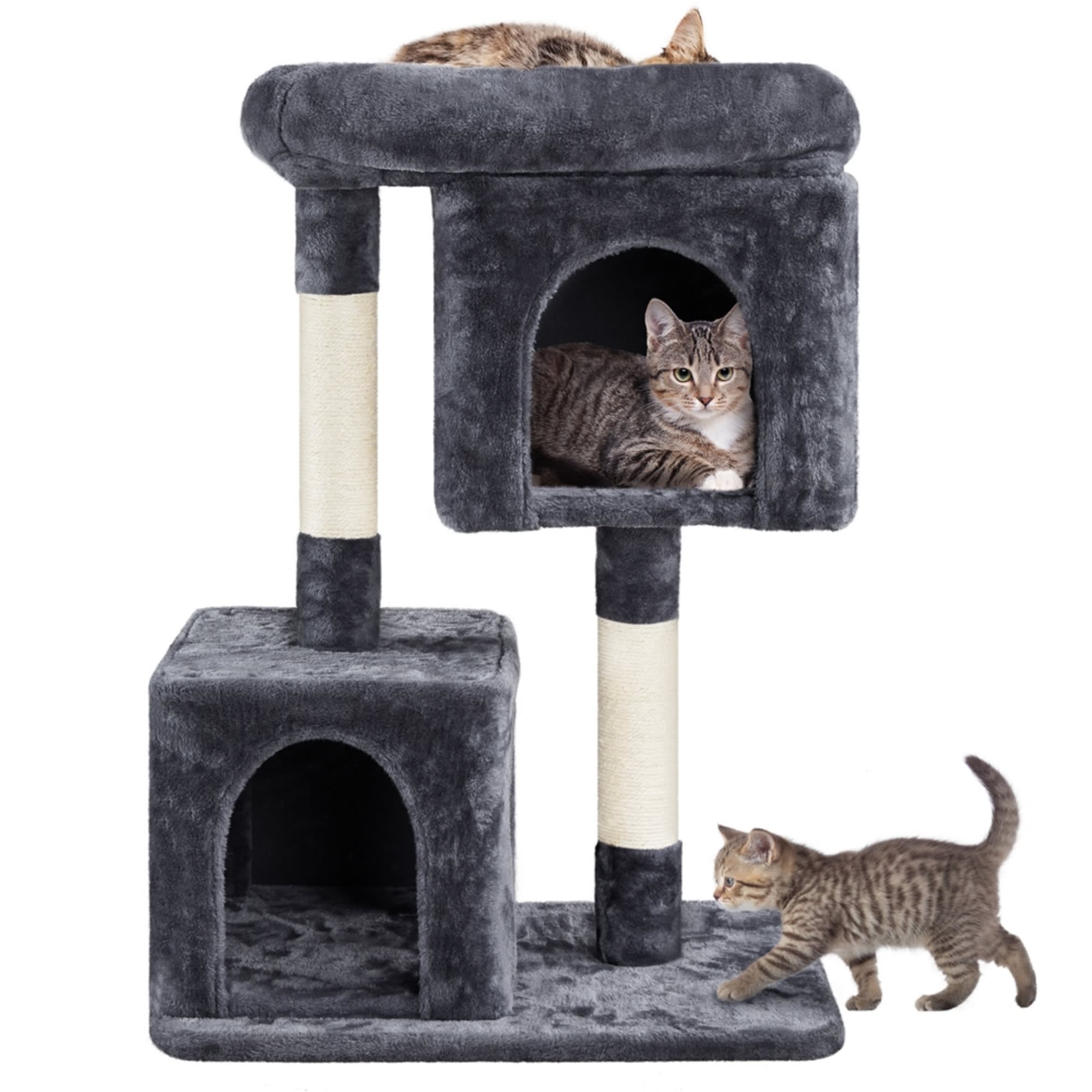 Topeakmart Dark Gray Plush Cat Tree with Two Condos， 33.5