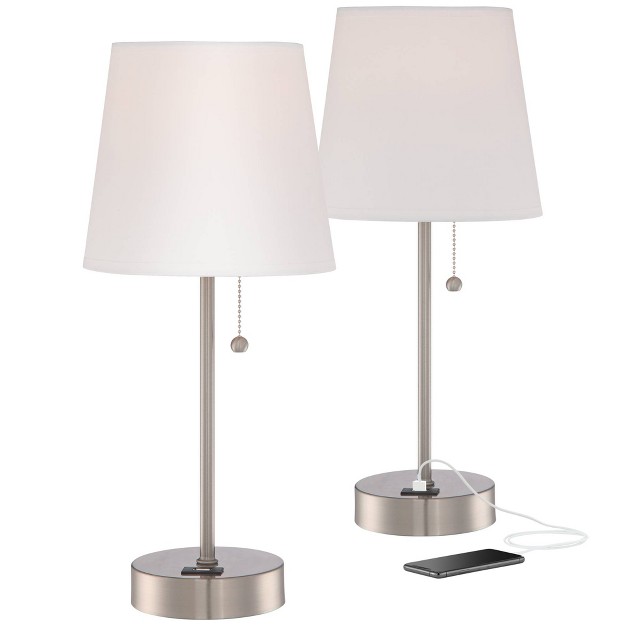 High Small Modern Accent Table Lamps Set Of 2 Usb Port Pull Chain Silver Finish Metal White Shade Living Room Charging Bedroom