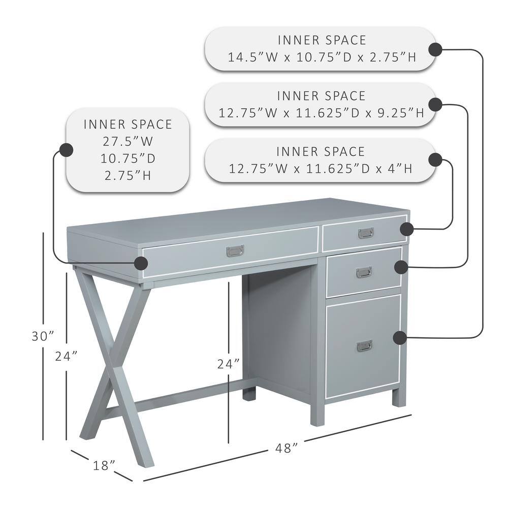 Linon Home Decor Sara 48 in. W Rectangle Gray Wood 4-Drawer Computer Desk with Side Storage THD02965