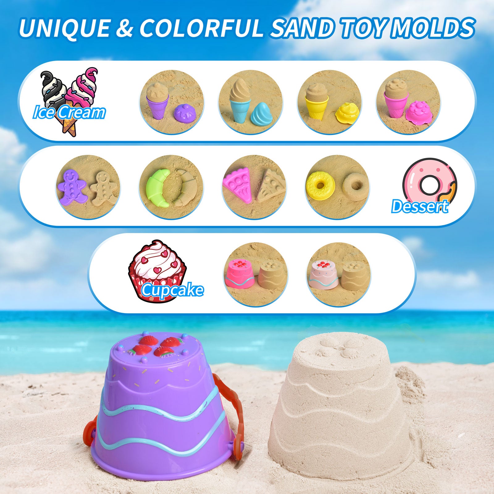 Fun Little Toys 38Pcs Ice Cream Beach Toys Sand Toys Set for Kids, Beach Toys Tools, Sand Shovels, Beach Bucket Birthday Gifts for Girls,Toddlers