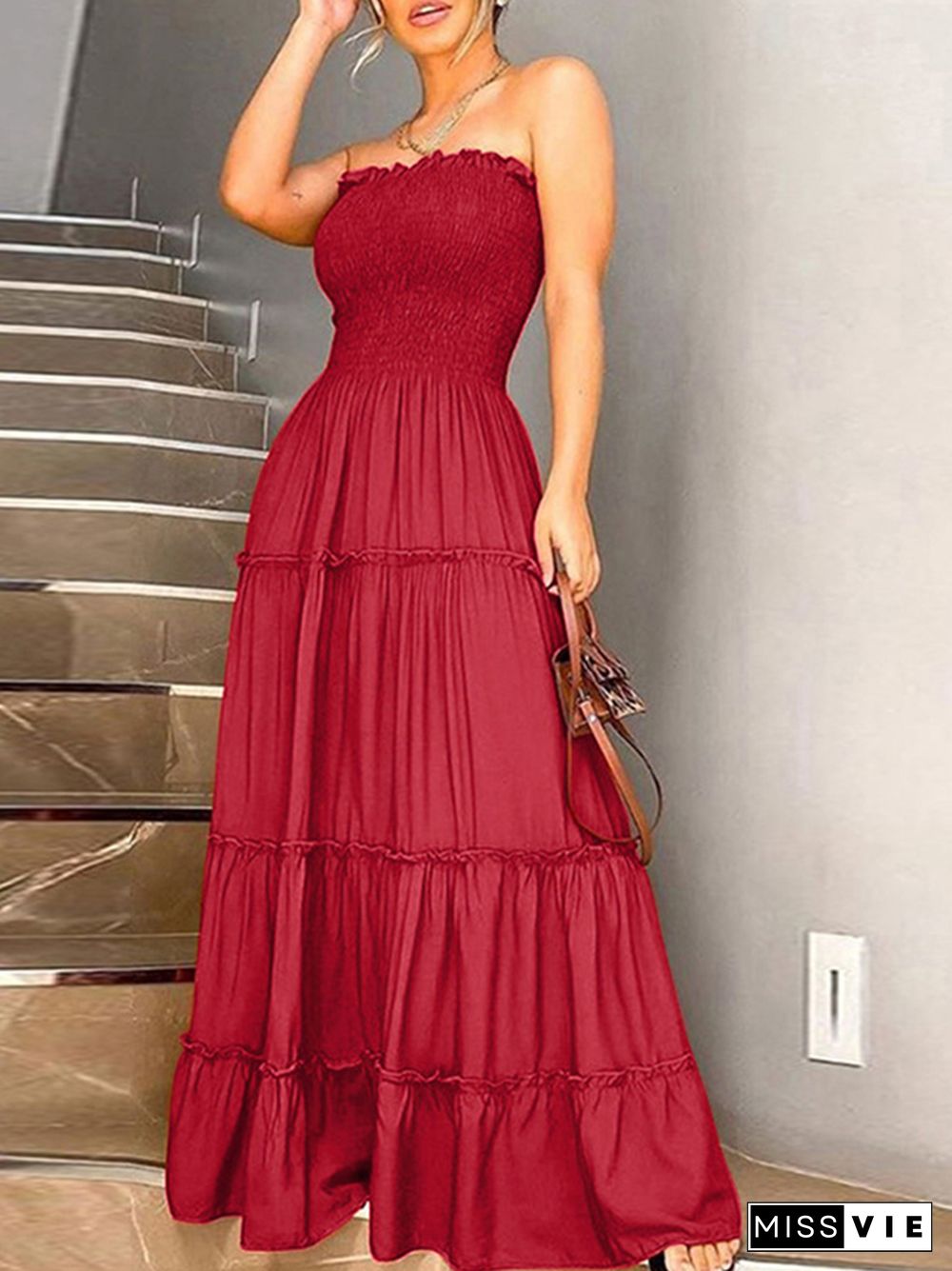 Solid Pleated Summer Vintage Dress Fashion Ruffle Office Hem Dresses Feminine Sexy Party Strapless Wrap Maxi Dres Vestidos