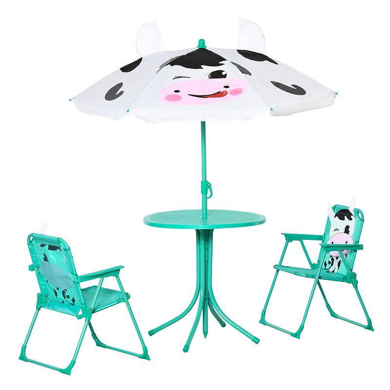 Outsunny Kids Picnic Table and Chair Set Outdoor Folding Garden Furniture for Patio Backyard with Dairy Cow Pattern Removable and Height Adjustable Sun Umbrella Aged 3 6 Years Old