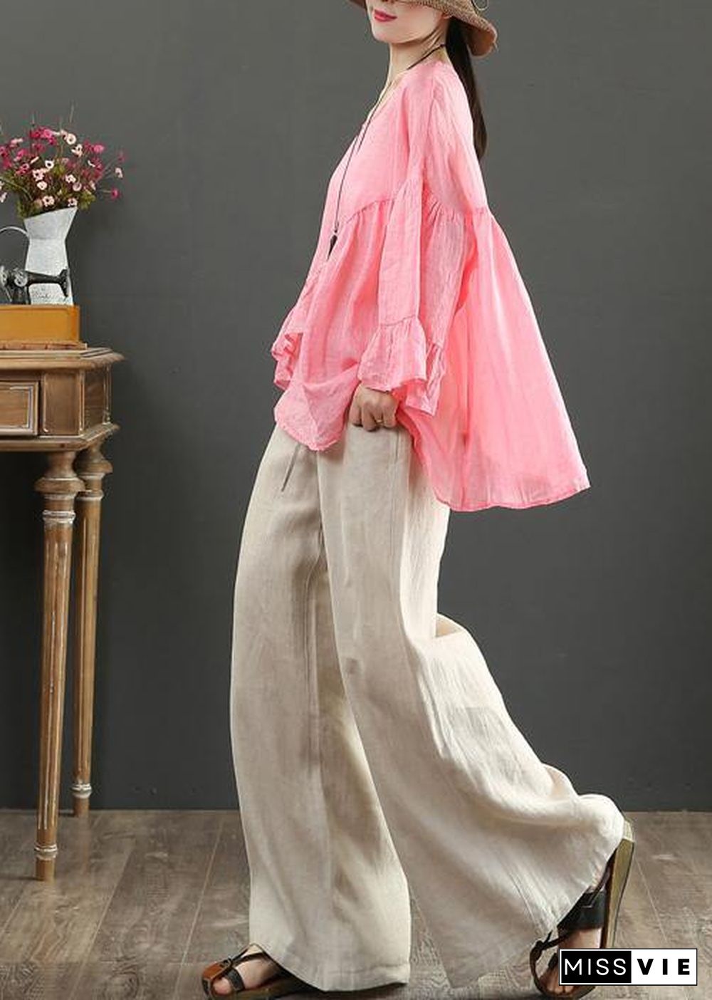 Art pink linen tops o neck Ruffles silhouette summer blouses