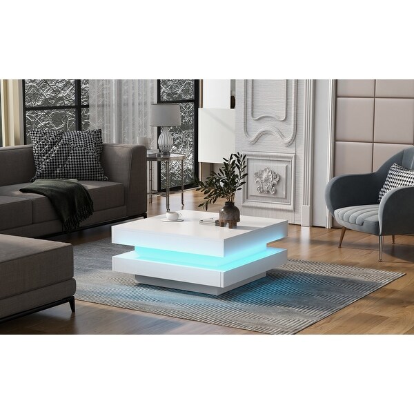 Mieres Modern Coffee Table，Wooden Cocktail Table，Square Coffee Table with LED Lights and Doublelayer storage，Center Table