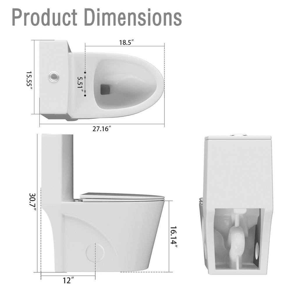 BTCSTAR Clea Rough in 12 in. 1-piece 1.6 GPF Dual Flush Elongated Toilet in Glossy White Closed One Piece Toilet Seat Included BTCMTL0812WH