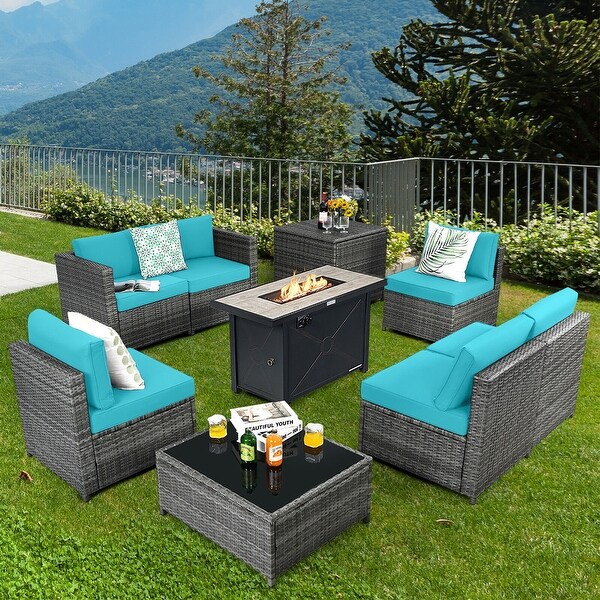 Gymax 9 PCS Patio Rattan Furniture Set Fire Pit Table Storage Black W/