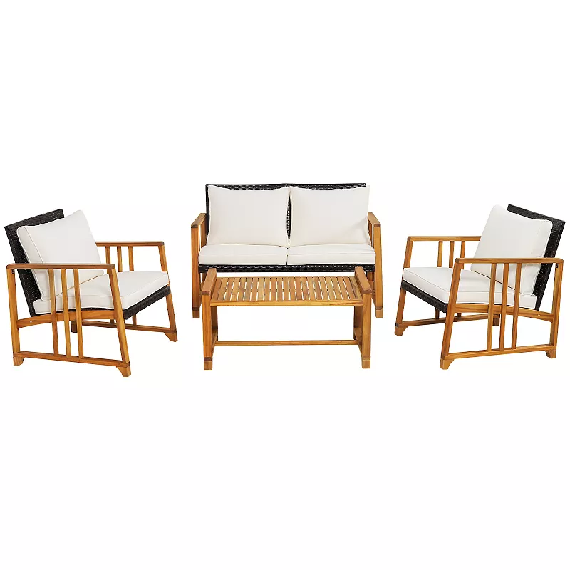 4 Pieces Patio Rattan Conversation Set with Seat and Back Cushions-Off White