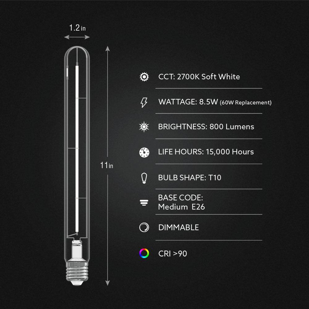 Feit Electric 60-Watt Equivalent T10XL Straight White Thin Filament Clear LED Light Bulb Soft White 2700K T10XL60S1927CAWFHDRP