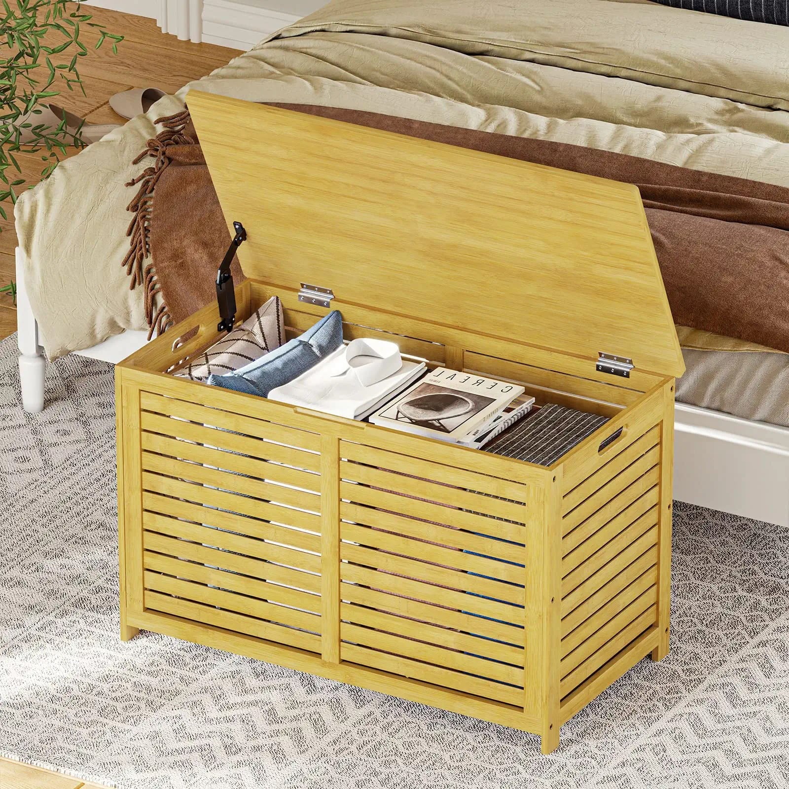 Storage Bench,Storage Ottoman,Bamboo Rectangular Footstool, Storage Bench for Bedroom, End of Bed Storage Bench, Modern Furniture