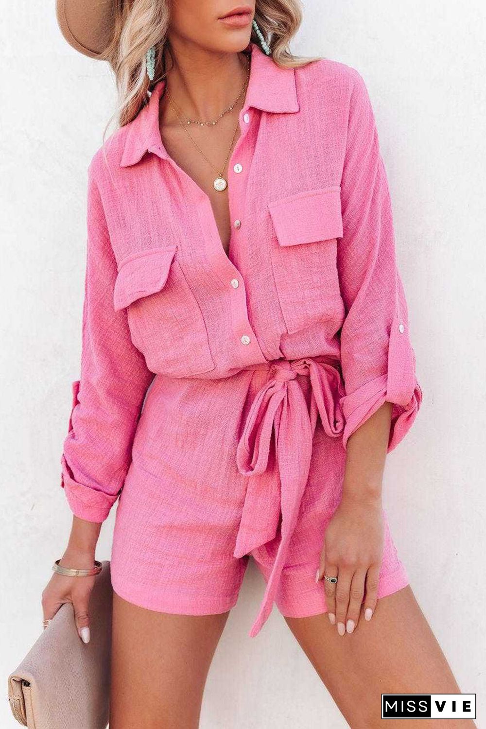 Rose Roll Tab Sleeve Button Shirt Style Belted Romper