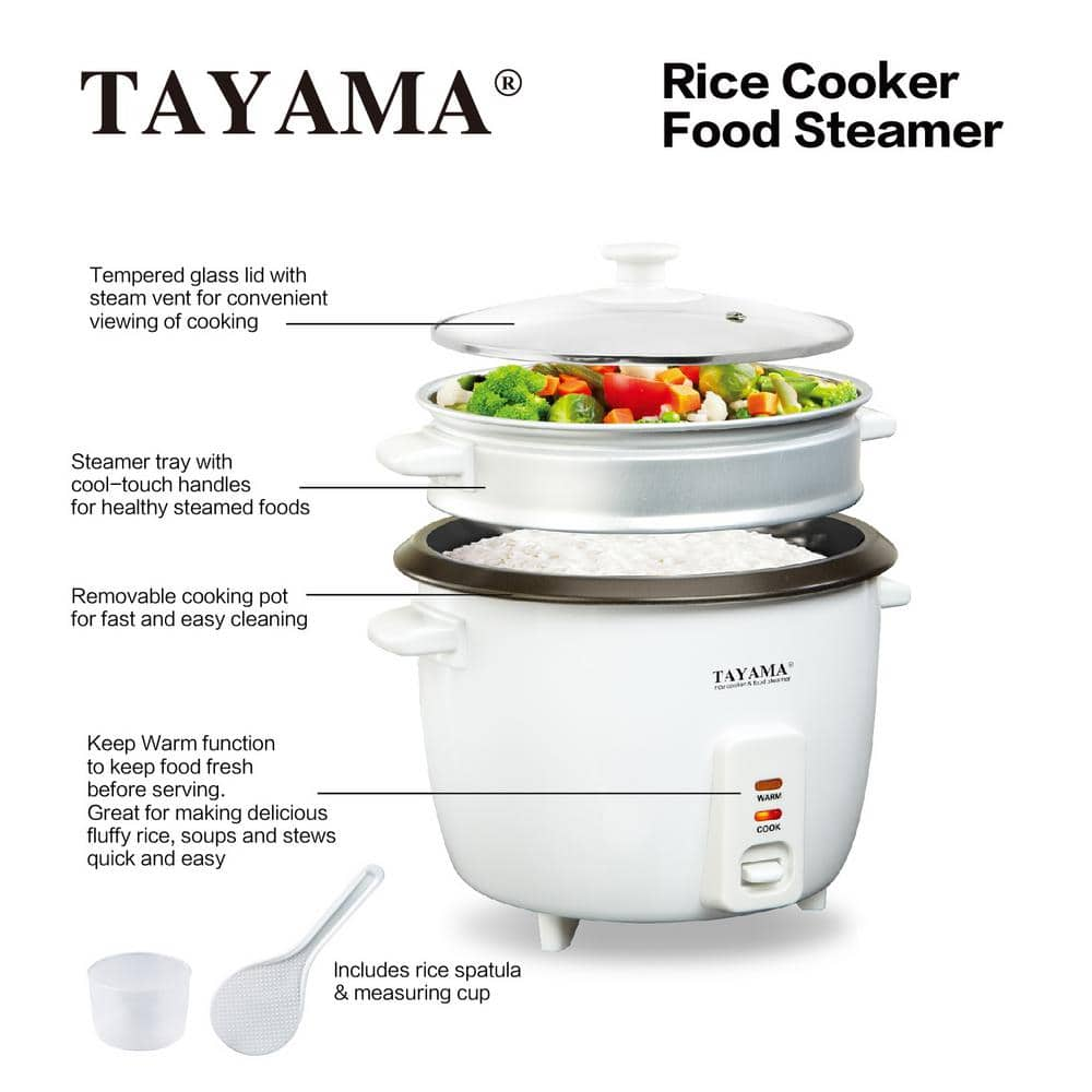 Tayama 16-Cup Rice Cooker with Steam Tray and Glass Lid in White RC-8R