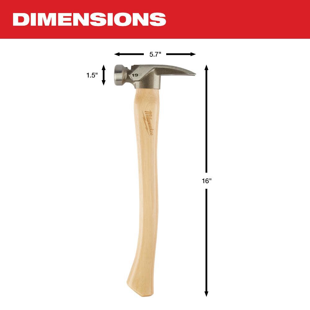 Milwaukee 19oz Smooth Face Hickory Wood Framing Hammer 48-22-9519 from Milwaukee