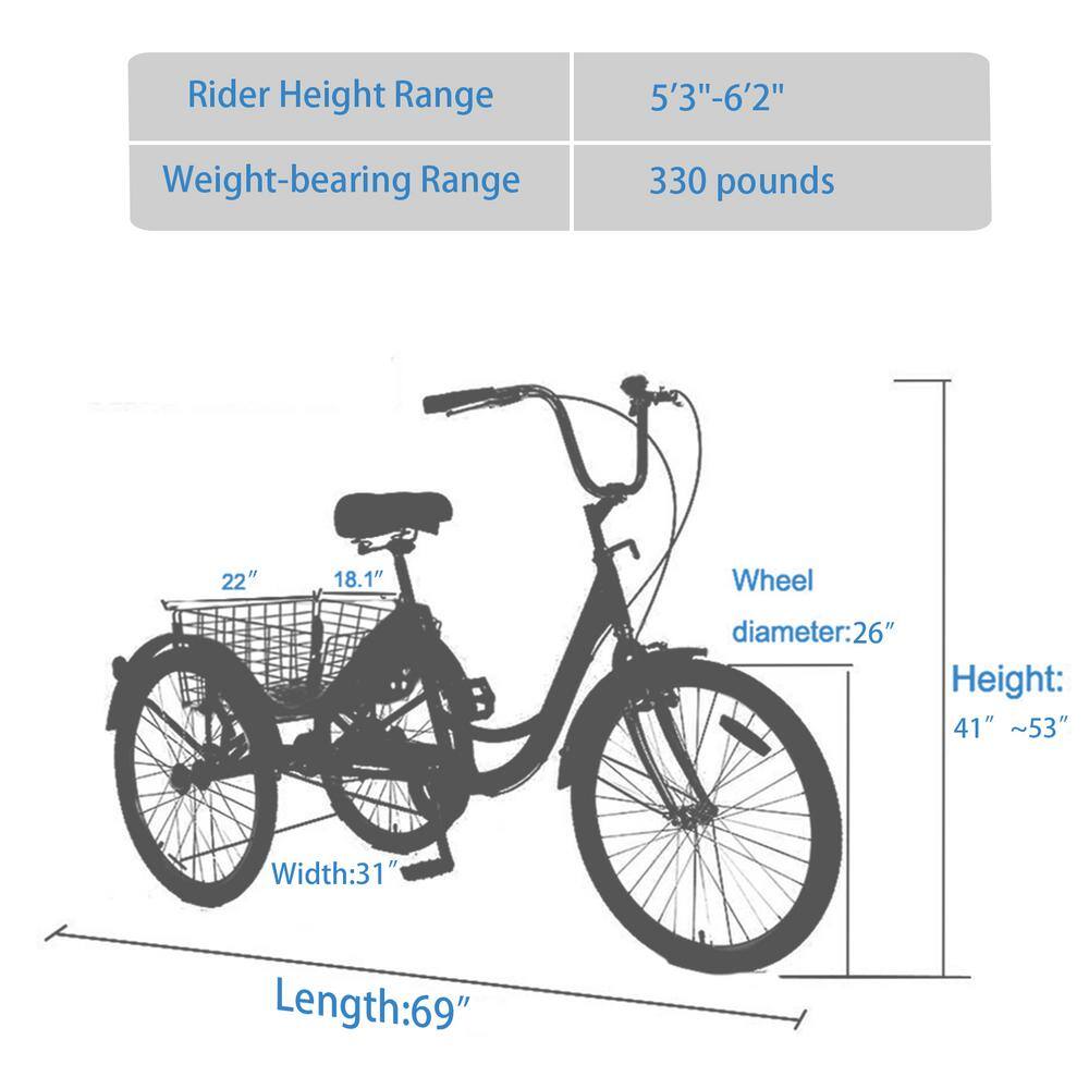 Runesay 26 in. Wheels Cruiser Bicycles Adult Tricycle Trikes 3-Wheel Bikes with Large Shopping Basket Single Speed in Yellow BIKECYN708