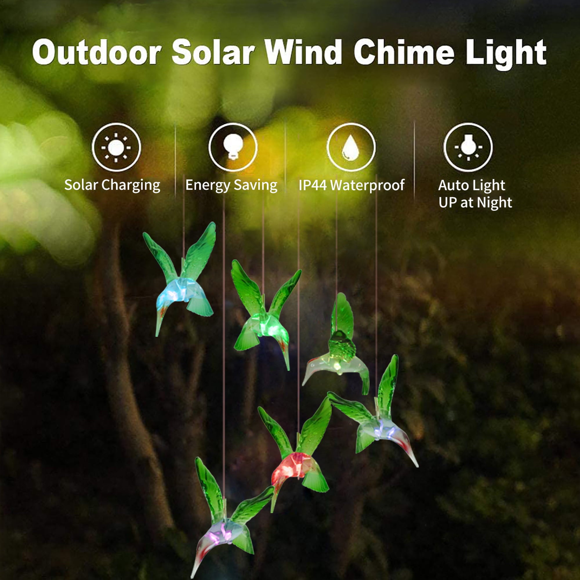 LED Wind Chime A Delightful Hummingbird-Themed LED Wind Chime， Solar-Powered and Waterproof (IP65)， Designed to Enhance the Aesthetic Appeal of Courtyards and Windows