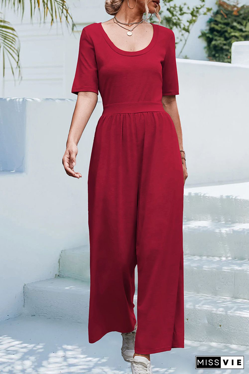 Plain U Neck High Waist Wide Leg Jumpsuit