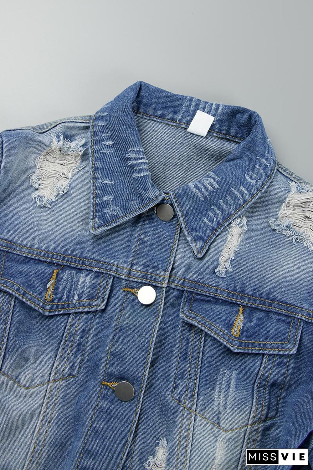 Blue Casual Solid Ripped Buckle Turndown Collar Long Sleeve Denim Jacket