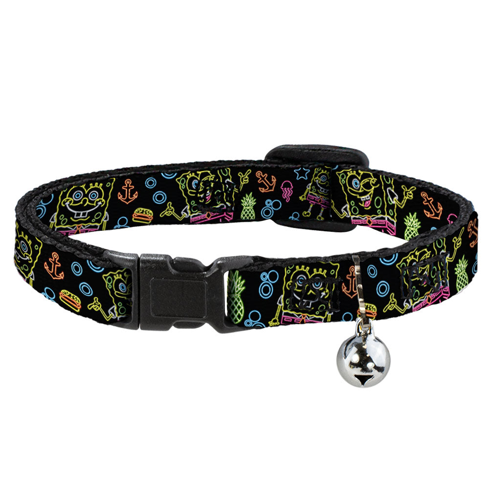 Nickelodeon Cat Collar， Breakaway Collar with Bell， Electric Spongebob Poses Elements Black Multi Color， 8.5 to 12 Inches 0.5 Inch Wide