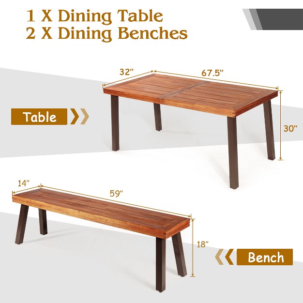 Tangkula 3 piece Outdoor Acacia Wood Picnic Dining Table And Stool Set With Umbrella Hole