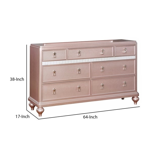 Wooden Dresser with 7 Drawers and Mirror Panel Inserts， Rose Gold - - 30861139