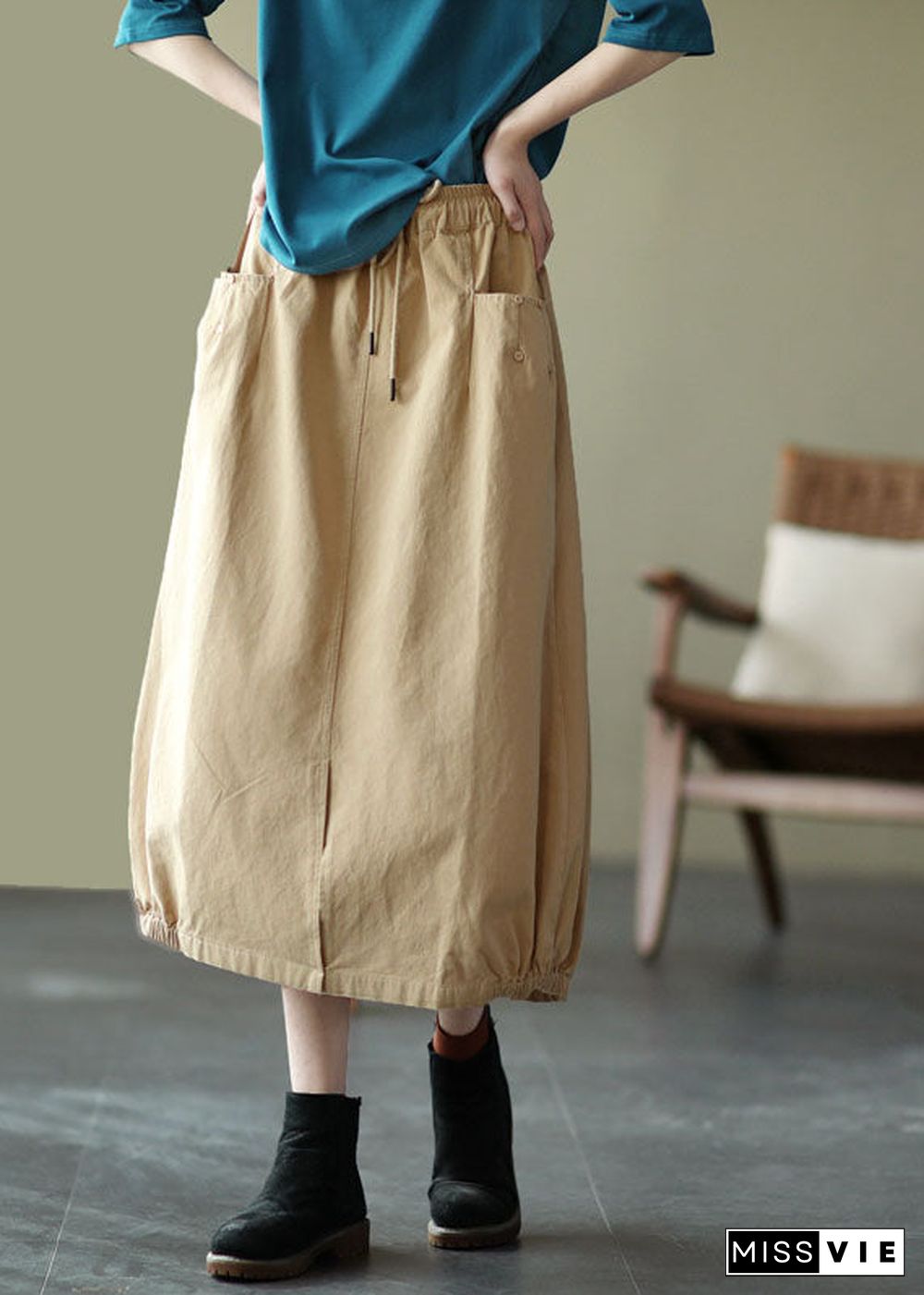 Beautiful Khaki Elastic Waist Pockets open Fall Skirts