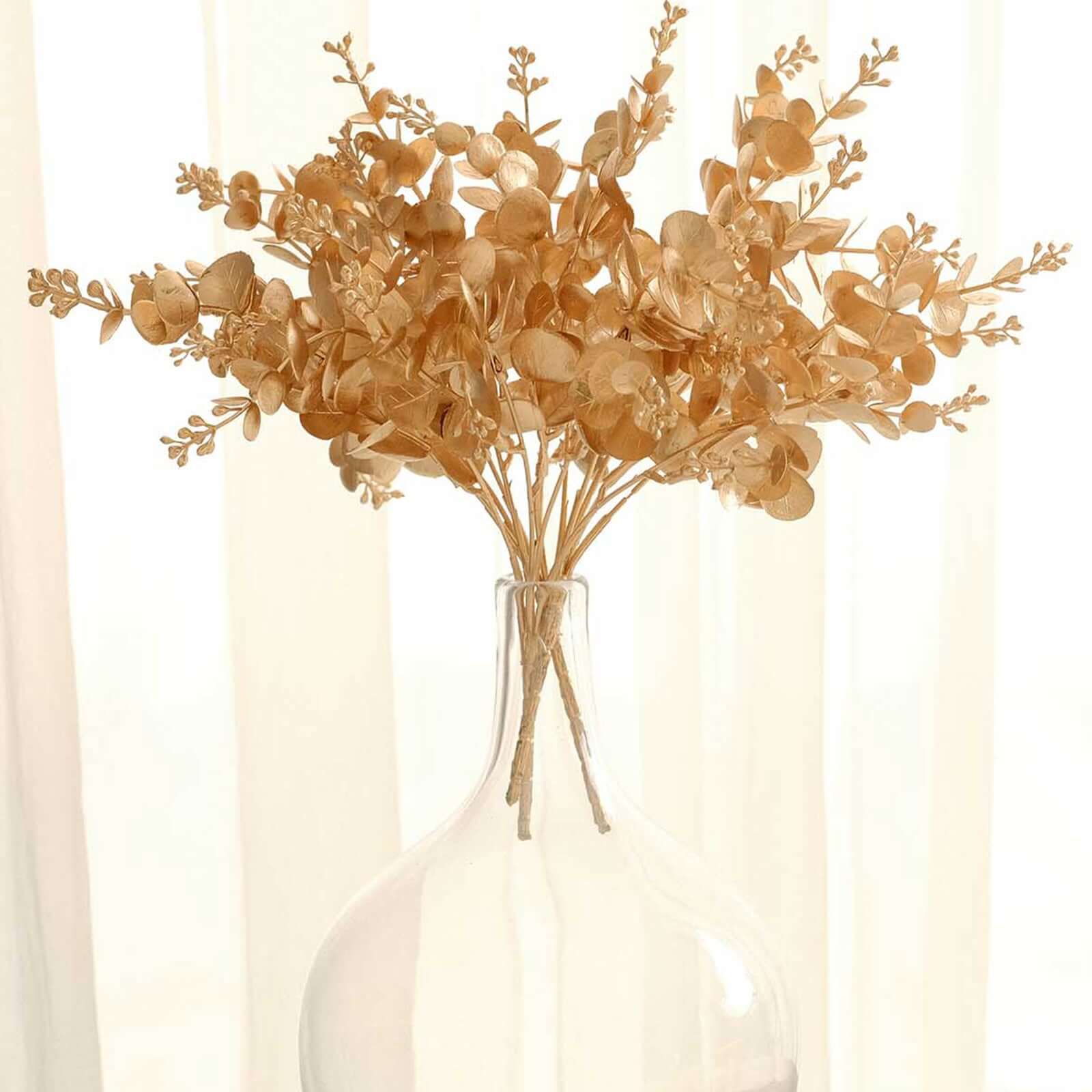 4 Pack Metallic Gold Artificial Eucalyptus Leaves Bushes, Faux Spray Plant Vase Fillers Floral Decor - 12