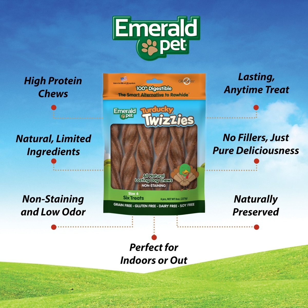 Emerald Pet Turducky Twizzies Grain-Free Dog Treats， 6-in