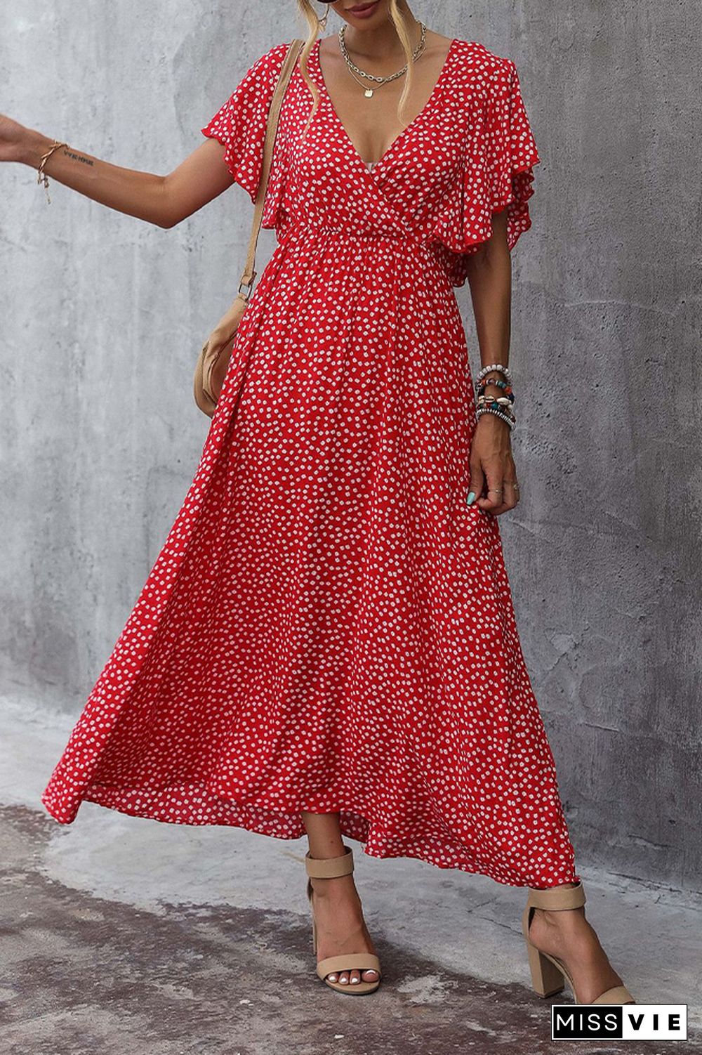 Polka Dot Print V Neck Long Dress Wholesale