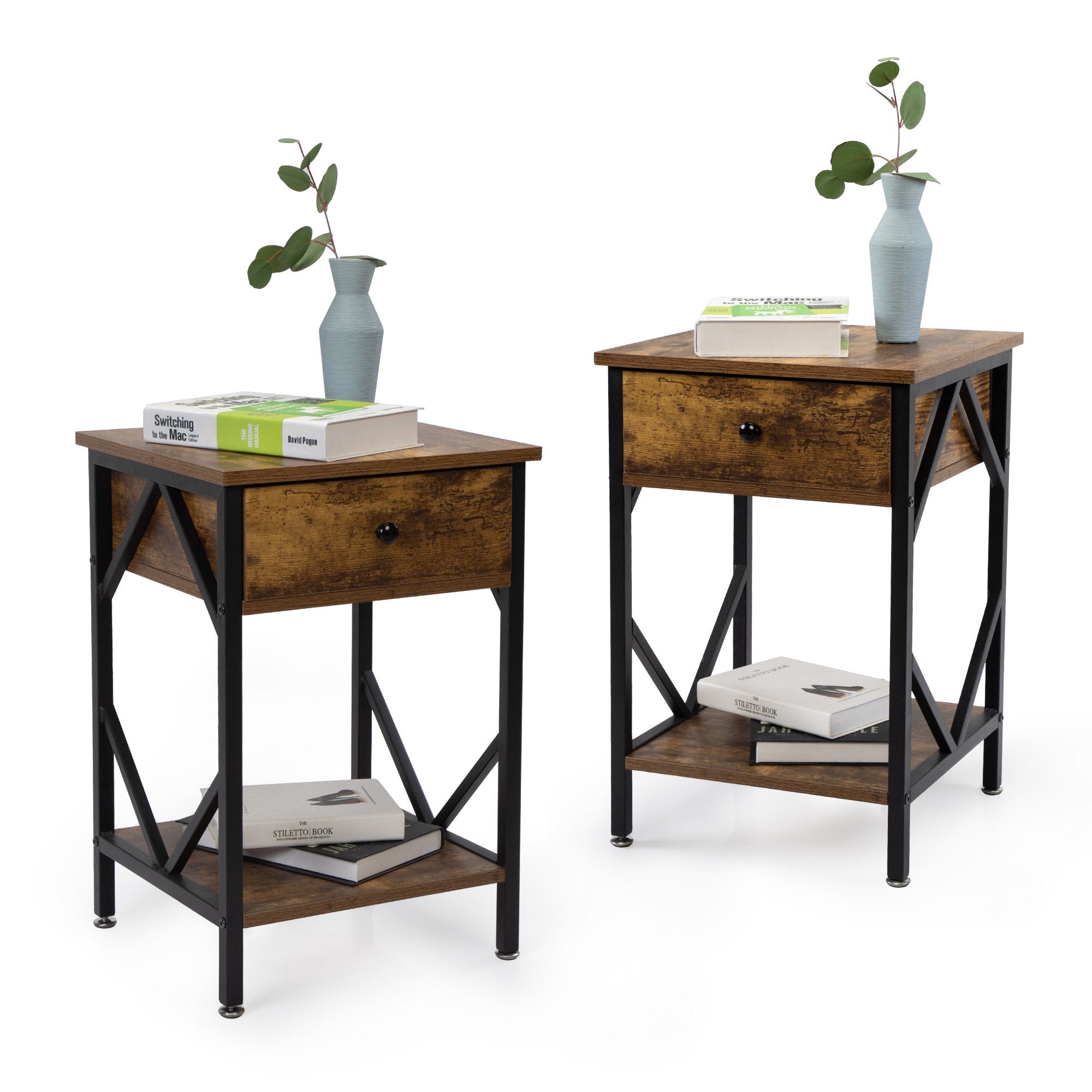 LOAOL Set of 2 Side Table, Wood Industrial Nightstands, Brown