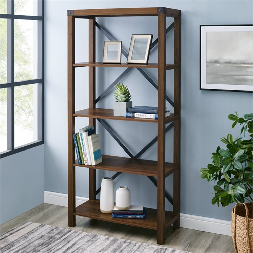 64 quotFarmhouse Metal X Bookcase with 4 Fixed Shelves in Dark Walnut   Industrial   Bookcases   by Homesquare  Houzz