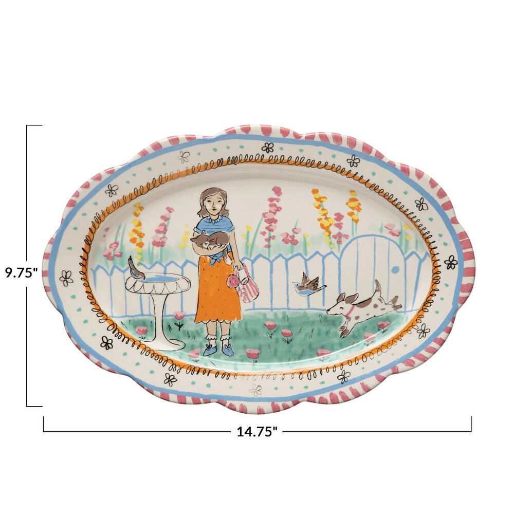 Decorative Ceramic Platter with Painted Illustration and Scalloped Edge   14.4\