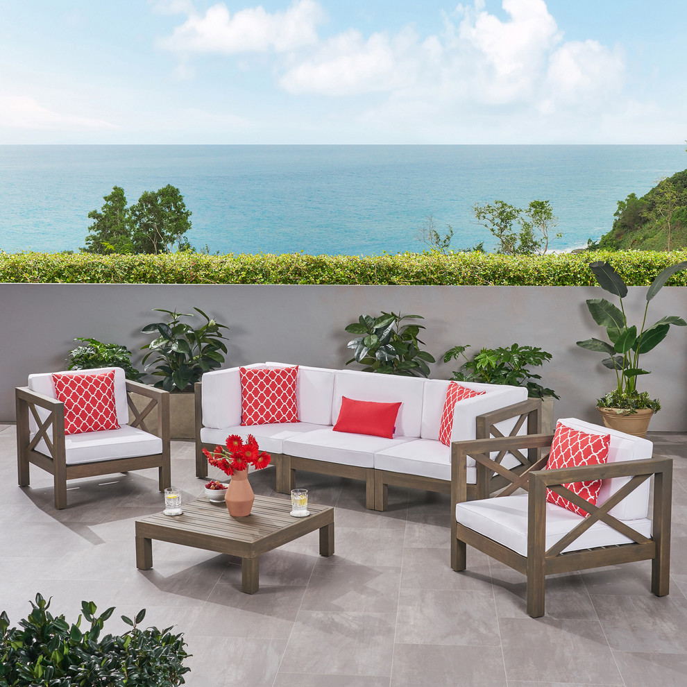 Morgan Outdoor 5 Seater Acacia Wood Sofa Chat Set   Transitional   Outdoor Lounge Sets   by GDFStudio  Houzz