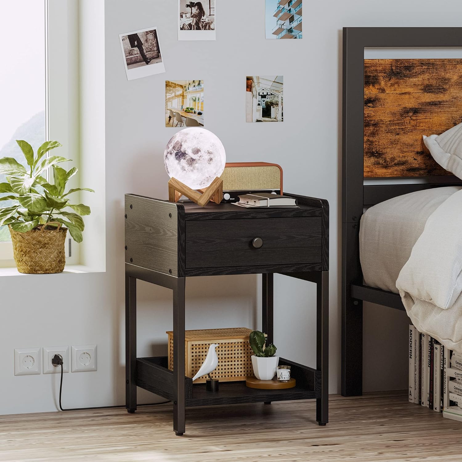 Nightstand Bedside Table with Charging Station, Small End Table with Storage Drawer and Shelf, Vintage Brown