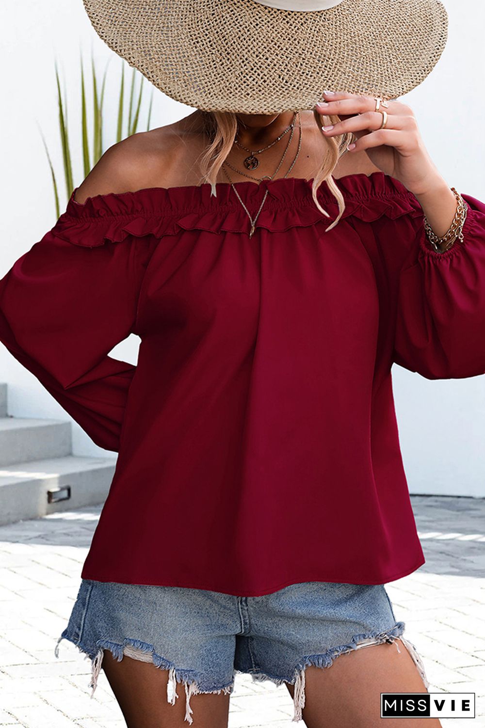 Off Shoulder Lantern Sleeves Plain Blouse