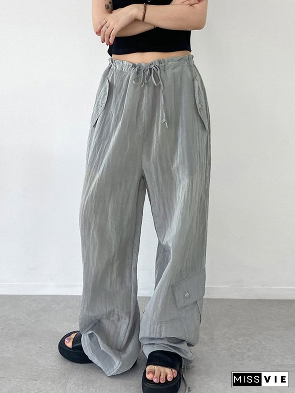 Wide Leg Tie Strap Parachute Cargo Pants