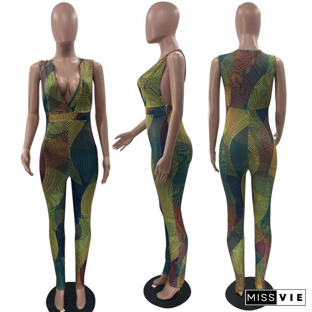 Sexy V-Neck Skinny Print Jumpsuit