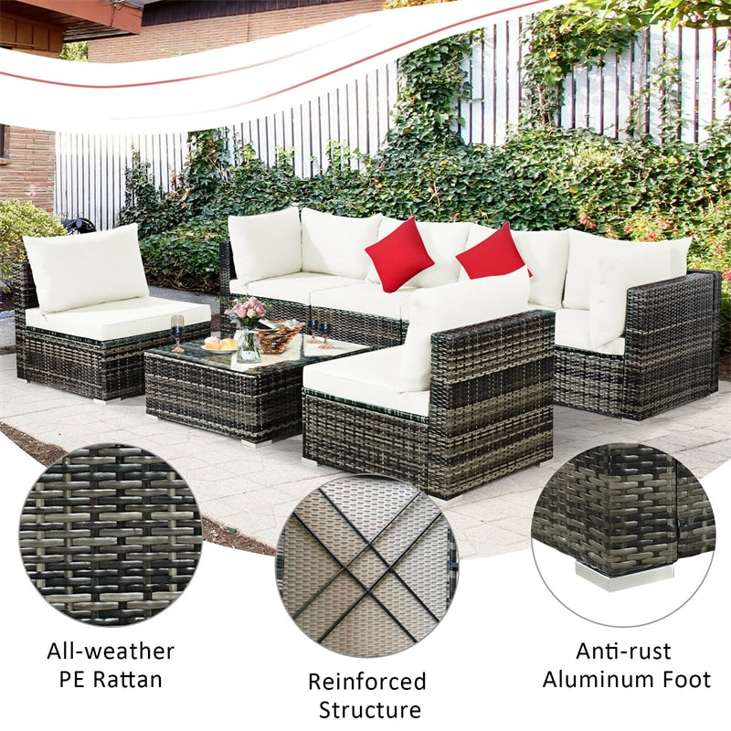 7 Pcs Rattan Patio Sectional Couch Set Outdoor Wicker Furniture Set with Cushions & Coffee Table