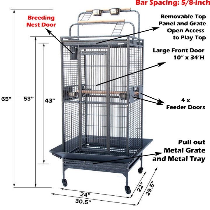 Large Elegant and Durable Wrought Iron Bird Parrot Rolling Cage Double Ladders Open Play Top With Seed Guard