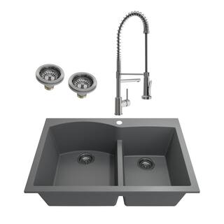 BOCCHI Campino Duo Concrete Gray Granite Composite 33 in. 6040 Double Bowl Drop-InUndermount Kitchen Sink with Faucet 1602-506-2019SS