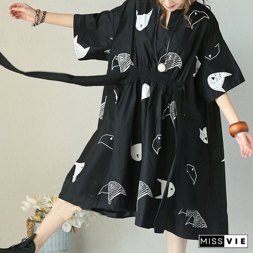 fashion black natural cotton dress plus size clothing tie waist Cinched traveling clothing women v neck cotton caftans