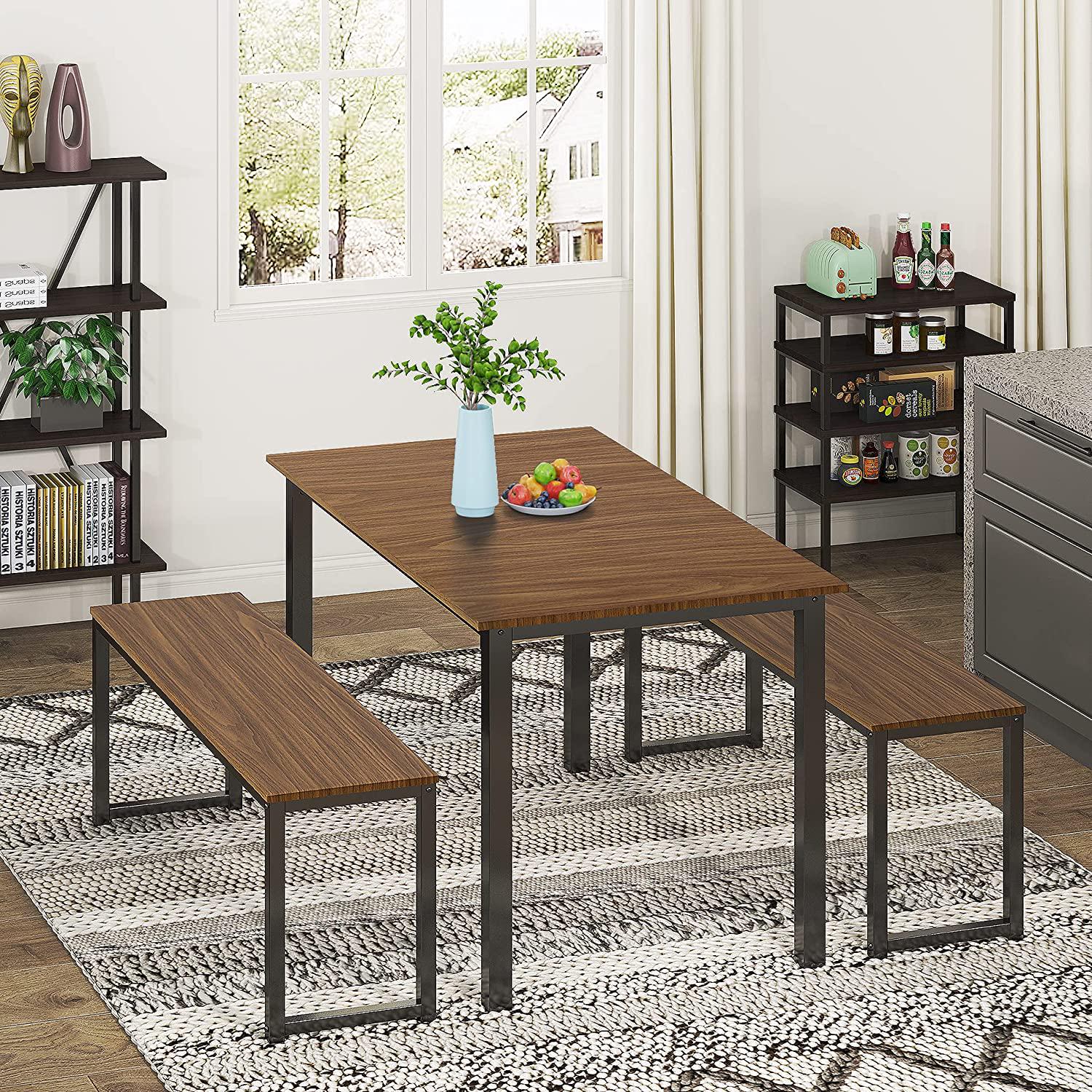 Homury 3 Piece Dining Table Set with Two Benches， Brown