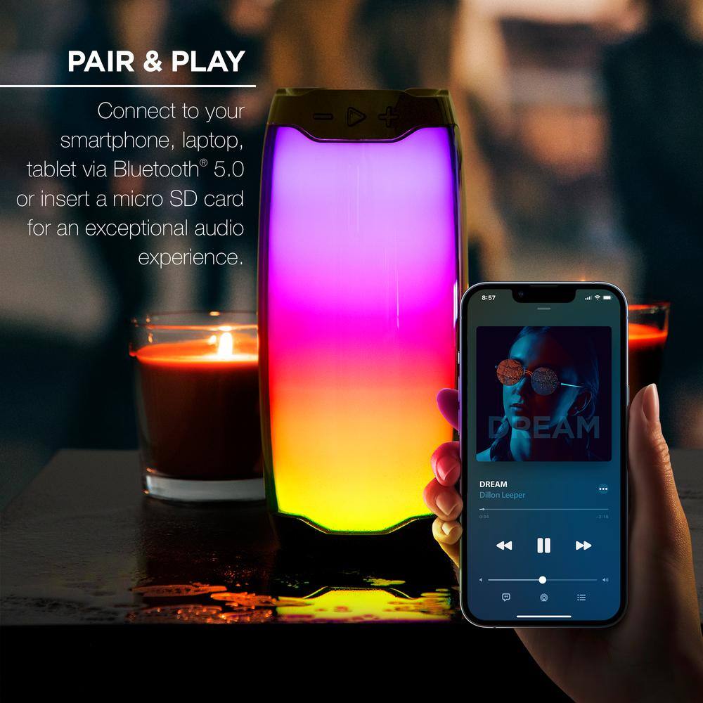 Merkury Innovations Thrill Bluetooth Battery Powered Speaker with Color Changing Lights and Weatherproof Design MI-S073B-101