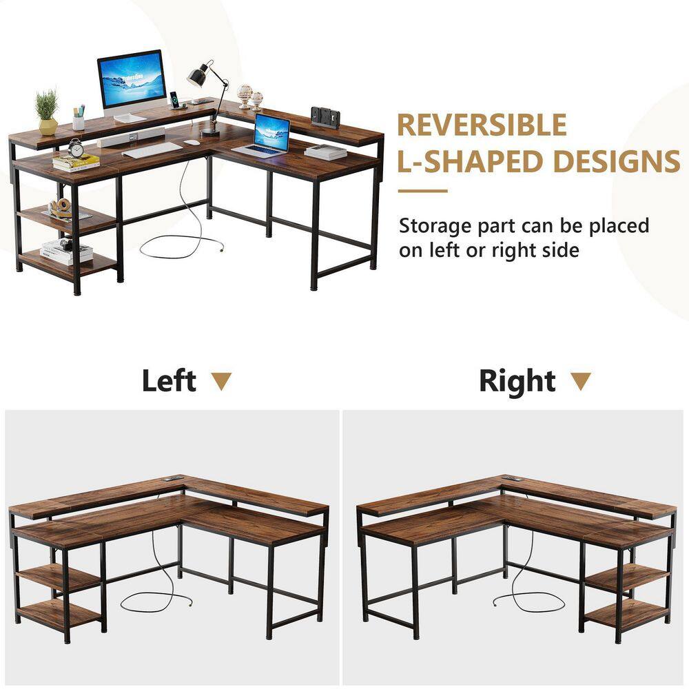 Perry 78.7 in. L Shaped Rustic Brown Wood Computer Desk with Power Outlets Monitor Stand and Storage Shelves HD-YU220389